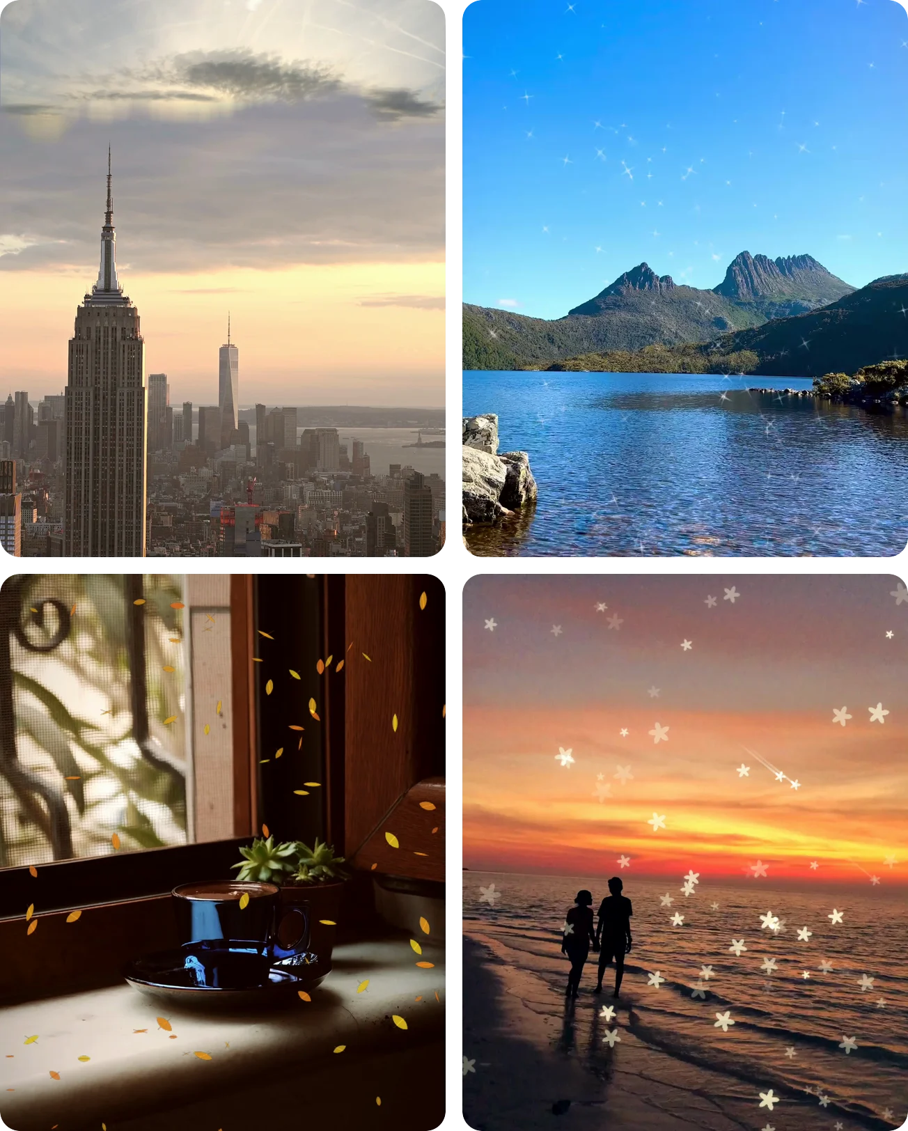 Four clips edited in Swish: the Empire State Building under a sunbeam sky, a mountain lake with sparkle on the water, coffee on a windowsill with falling leaves, and two people on a beach at sunset under wishing stars.