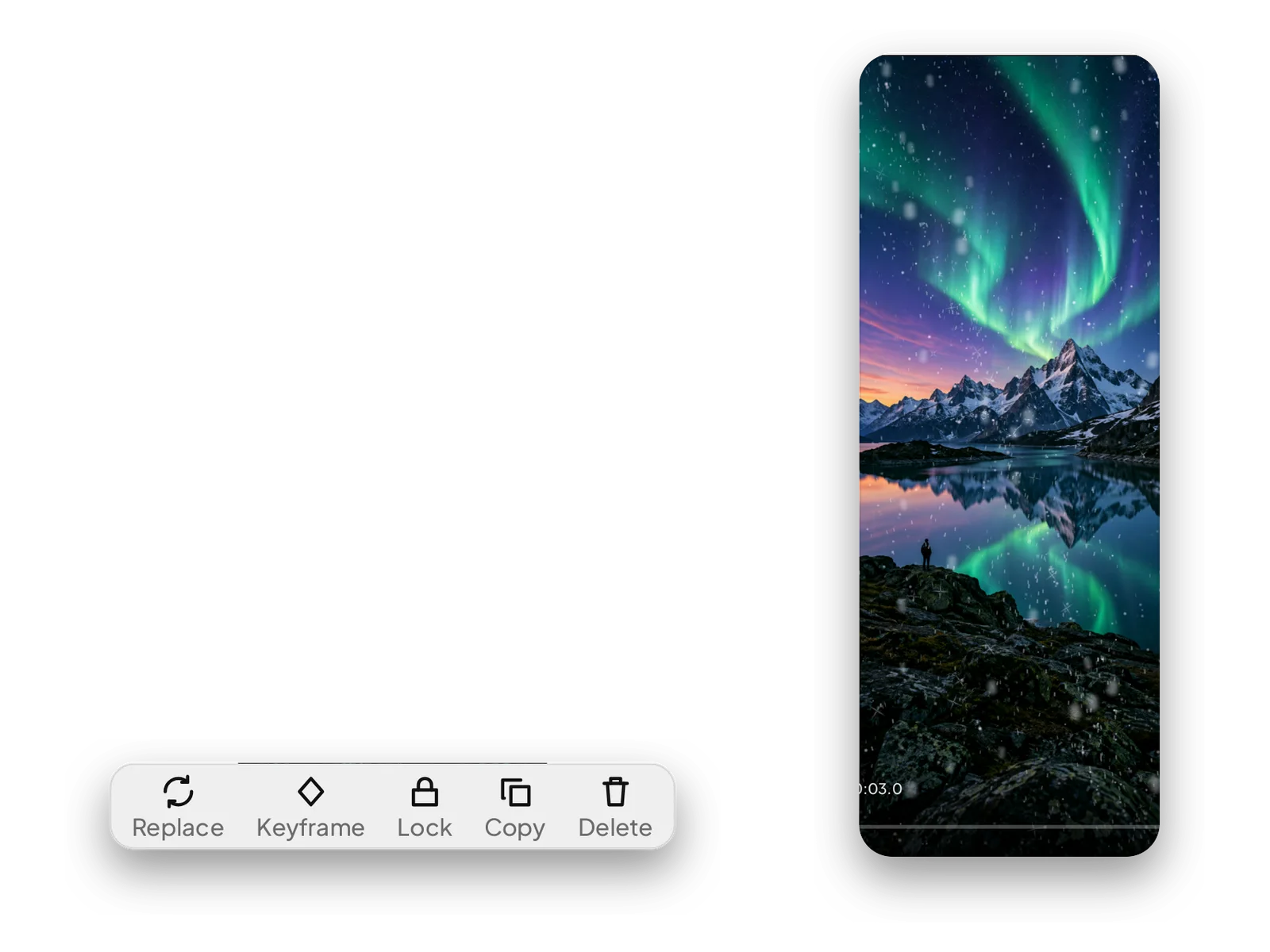 The selection menu: Replace, Keyframe, Lock, Copy, Delete.