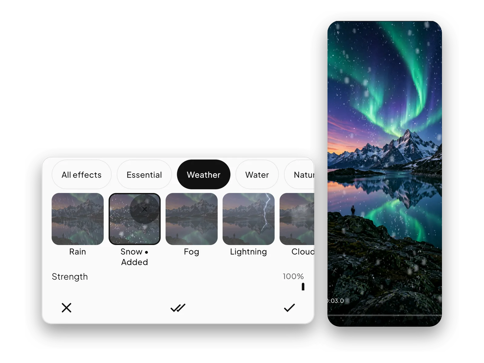 The Effects sheet: All effects, Essential, Weather and Water packs, with a Strength slider.