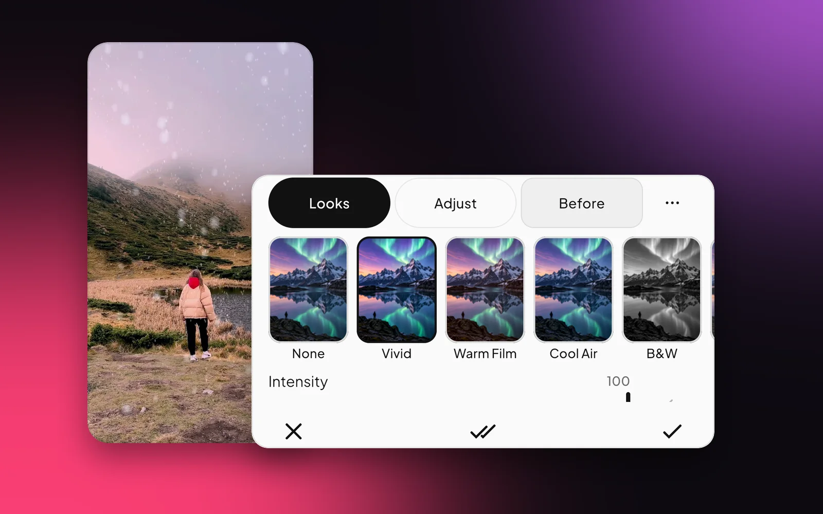 The Looks sheet: None, Vivid, Warm Film, Cool Air and B&W, with an Intensity slider.