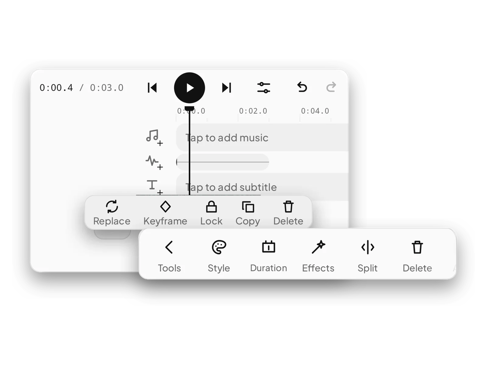 The clip bar with Tools, Style, Duration, Effects and Split.