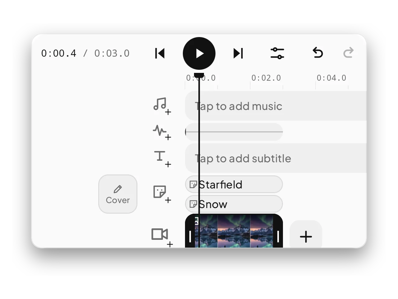 A clip selected on the timeline with Split, Duration and Delete.